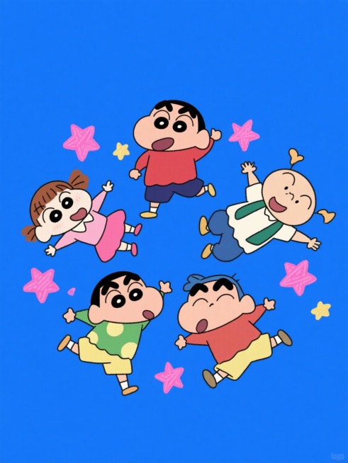 蜡笔小新动画风格插画，以野原新之助、樱田妮妮、风间澈、阿呆、佐藤正男为主要角色，角色们穿着标志性服装，保持各自经典表情与动作特征，整体构图呈活泼的动态圆形排列，背景为纯蓝色纯色，无任何文字、logo及水印，画面点缀若干粉色星形装饰元素，色彩明快鲜艳，线条简洁流畅，延续原作卡通化的可爱视觉风格。预览效果