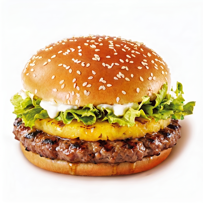 将汉堡底层的板烧肉替换为厚实多汁的煎烤牛肉片，保留上层的芝麻面包、生菜和整块凤梨，牛肉纹理清晰，油润多汁，整体饱满诱人，提升食欲感，保持真实美食摄影风格预览效果