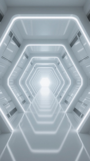 极简主义3D渲染的太空舱内部走廊，延续原图的未来感白色调与明亮冷光氛围，两侧是对称排列的几何结构舱壁，边缘嵌入白色发光线条勾勒轮廓，地面光滑如镜反射光线，远处尽头透出强烈的光源形成深邃的透视效果，整体空间呈现出科技感与无限延伸的视觉张力，符合太空主题的场景设计。预览效果
