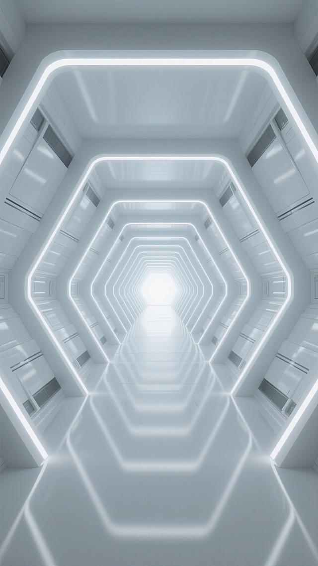 极简主义3D渲染的太空舱内部走廊，延续原图的未来感白色调与明亮冷光氛围，两侧是对称排列的几何结构舱壁，边缘嵌入白色发光线条勾勒轮廓，地面光滑如镜反射光线，远处尽头透出强烈的光源形成深邃的透视效果，整体空间呈现出科技感与无限延伸的视觉张力，符合太空主题的场景设计。