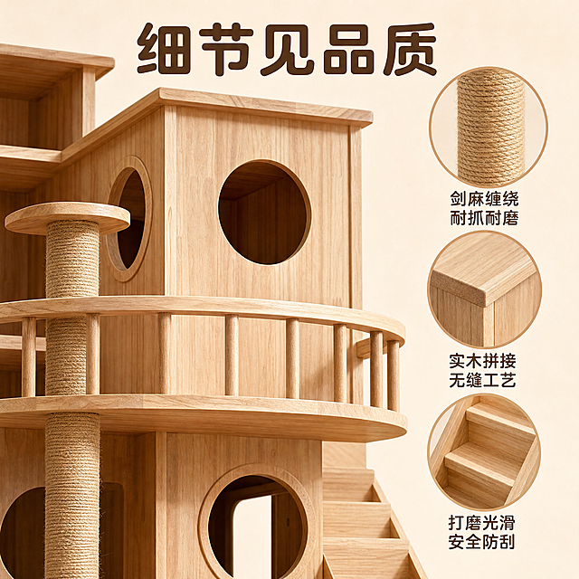 [主图-3] 细节材质展示图，近距离展示实木猫爬架的做工细节和材质品质，增强信任感。
[统一基调] 自然原木风，暖米色主背景，浅木色辅助色，深棕色标题字，米白色圆角卡片，圆润无衬线字体，整体专业品质、干净温馨。
[画面] 画面中心偏左是产品的局部放大特写，聚焦在中层阳台和圆形洞口区域，清晰展示实木拼接的木纹纹理、光滑的打磨边缘、圆润的洞口包边工艺，体现精细做工。右侧有三个圆形画中画细节卡片，分别展示：1. 剑麻抓柱的缠绕纹理特写；2. 木板拼接处的无缝工艺；3. 楼梯台阶的防滑打磨细节。每个画中画下方有简短标注。
[光影质感] 侧光突出木纹立体感和材质肌理，细节清晰锐利，质感真实，体现实木的天然纹理和温润触感。
[配色] 主背景暖米色，画中画边框浅木色，标注文字深棕色，整体色调统一温暖。
[文字版式] 顶部大标题「细节见品质」，右侧三个圆形细节图下方分别标注「剑麻缠绕 耐抓耐磨」「实木拼接 无缝工艺」「打磨光滑 安全防刮」。文字简洁有力。
[输出要求] 1:1正方形，细节清晰锐利，材质真实，文字清晰可读，无水印无平台Logo，无多余杂物。