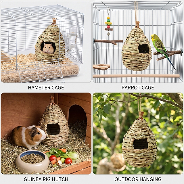 [主图-4] Multi-scenario application display of woven bird nest.
[Atmosphere style] Clear classification display, practical and intuitive, clean and comfortable style.
[Image quality] Clear commercial collage, uniform light, each small picture is clear and sharp.
[Elements] 2x2 grid layout, showing the bird nest applied in different small pet scenes: upper left for hamster cage, upper right for parrot cage, lower left for guinea pig hutch, lower right for outdoor hanging. The bird nest in each sub-picture maintains the same appearance, material and color as the original input image. Grid spacing is moderate, background is light gray, picture full screen borderless. No extra marketing text.
[Light and shadow] Uniform soft light in each sub-picture, consistent light direction, consistent overall tone, no local overexposure or underexposure.
[Color matching] Overall main color light gray background, product natural color, each scene coordination unified.
[Perspective composition] Four-grid composition, each scene proportion is consistent, clear hierarchy.
[Text layout] Each sub-picture is labeled with a simple English description below, keep font small and clear, does not affect product display.
[Proportion resolution] 1:1 proportion, 2k resolution, super high definition.
[Negative prompt] Deformed, inconsistent product shape, color difference, text disorder, extra border, watermark, Chinese text.