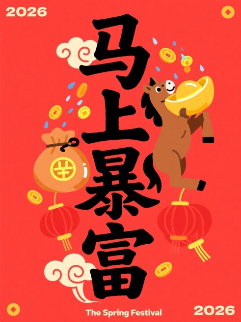 主体是竖版黑色 “马上暴富”，拙气扁平手写风格，上下保留一定边距。叠加于正红底色之上，字间穿插卡通棕马（前蹄抬起，托着巨大金元宝）、金币雨、大钱袋、铜钱、红灯笼、祥云符号，点缀 “2026”。四角辅以预览效果