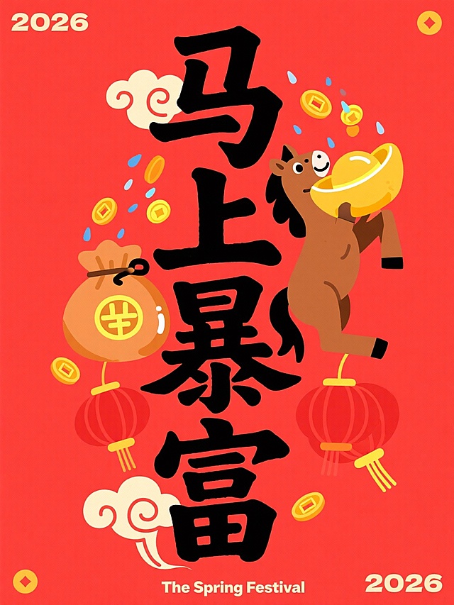 主体是竖版黑色 “马上暴富”，拙气扁平手写风格，上下保留一定边距。叠加于正红底色之上，字间穿插卡通棕马（前蹄抬起，托着巨大金元宝）、金币雨、大钱袋、铜钱、红灯笼、祥云符号，点缀 “2026”。四角辅以 “2026”“The Spring Festival” 小字装饰元素，整体呈现喜庆招财的国潮风格。