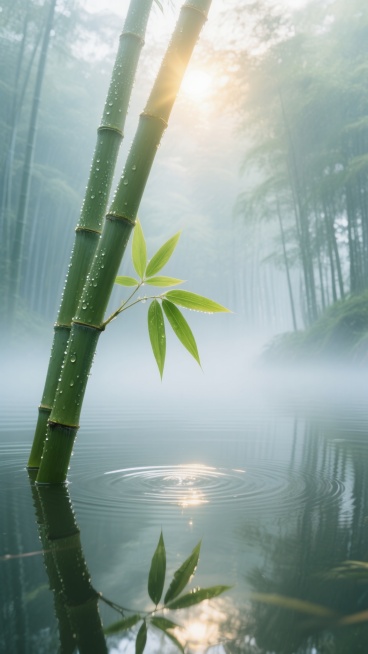 晨雾弥漫的竹林深处，一束金色的阳光如舞台追光般穿透薄雾，照亮一株斜逸而出的翠竹，竹节上凝结的露珠在光线中闪烁如碎钻，几片新抽的嫩绿竹叶低垂着触碰水面，激起一圈圈涟漪，倒影与实景在静谧的水面交织成迷离的双重世界，远处竹林层层叠叠融入朦胧的青灰色雾霭，空气中漂浮着细密的光尘，色调是清冽的翡翠绿与晨雾的柔白交织，营造出空灵而湿润的东方意境。预览效果