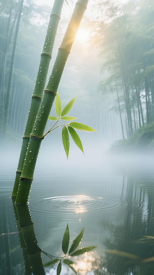 晨雾弥漫的竹林深处，一束金色的阳光如舞台追光般穿透薄雾，照亮一株斜逸而出的翠竹，竹节上凝结的露珠在光线中闪烁如碎钻，几片新抽的嫩绿竹叶低垂着触碰水面，激起一圈圈涟漪，倒影与实景在静谧的水面交织成迷离的双重世界，远处竹林层层叠叠融入朦胧的青灰色雾霭，空气中漂浮着细密的光尘，色调是清冽的翡翠绿与晨雾的柔白交织，营造出空灵而湿润的东方意境。