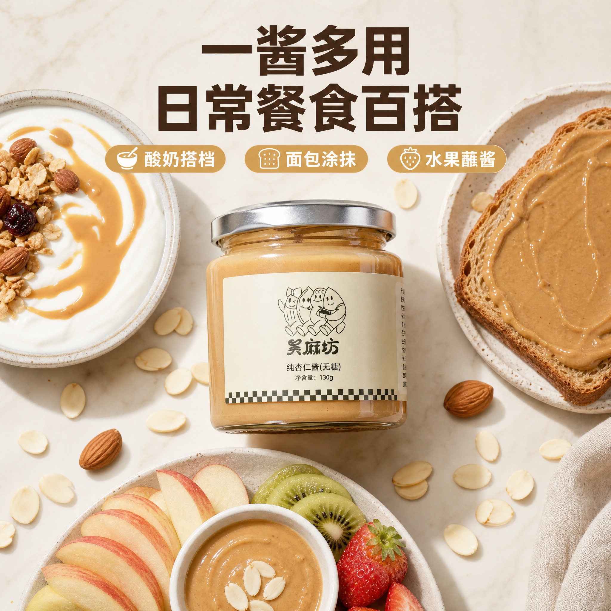 [主图-5] 吴麻坊纯杏仁酱 多种餐食搭配场景 适用范围展示。… - 图片创意预览