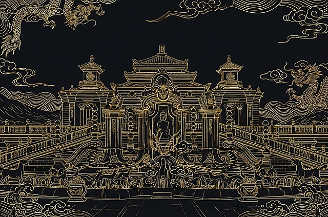 保留图二的圆明园建筑整体布局和结构，改成图一的烫金国潮线条画风，黑金配色，金色线条勾勒建筑，深色背景，搭配祥云国潮装饰元素，信息可视化设计素材