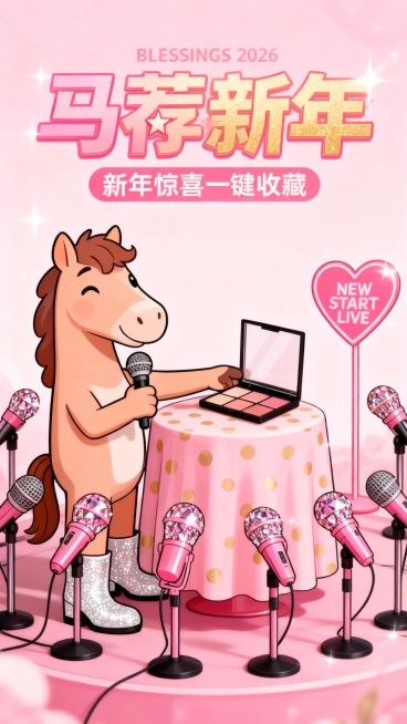 夸张卡通拟人马（粗线条、歪头微笑，话筒递向桌前好物），踩着银白亮片靴。下方铺粉金波点桌布的圆桌摆着图示商品，桌前绕着粉钻麦克风，点缀带 “NEW START LIVE” 标识的爱心立牌。浅粉梦幻背景，预览效果