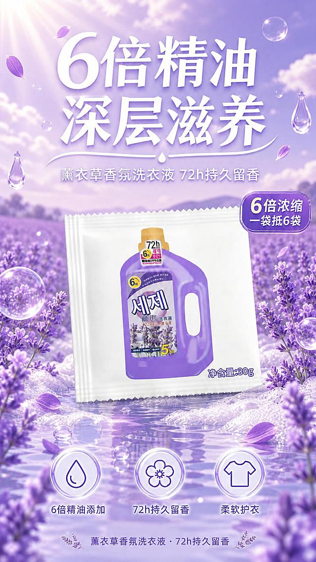 基于上传的海报图，更换背景但保持整体风格类似。保留原海报中的所有文字内容、产品、图标和排版布局完全不变，只替换背景部分。

新背景风格：延续薰衣草紫色调的清新梦幻风格，但换成不同的背景元素。改为以大片薰衣草花田为背景，远处是朦胧的紫色薰衣草花海，天空是柔和的淡紫色渐变，有温暖的阳光从云层中洒下形成丁达尔光效，画面充满自然田园的治愈感。

背景中点缀漂浮的薰衣草花瓣、透明的精油水滴和轻盈的泡泡，底部有轻柔的白色泡沫和水面倒影效果。整体氛围更加自然、清新、田园风，与原海报的紫调风格保持一致但视觉元素不同。

【硬约束】
产品、文字、图标、排版布局、产品形态、所有文案内容全部保持原样不变，只更换背景。正方形袋装产品无变形。画面中所有数字必须精确渲染，不得出现错位、遗漏或编造的数字。