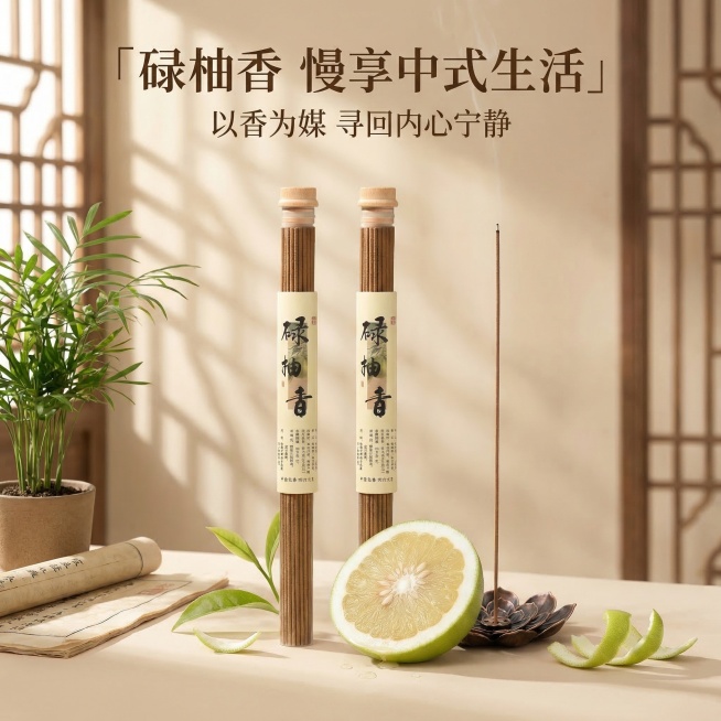 1:1竖版电商主图，严格还原上传的碌柚香线香产品图，包括透明管包装、木质瓶盖、竖排书法标签“碌柚香”、莲花香插的所有设计细节、颜色、LOGO位置、文字内容、图案元素，产品外观必须与参考图完全一致，不得预览效果