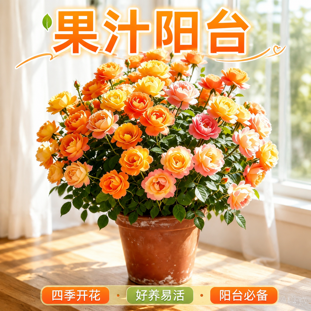 淘宝天猫电商主图，1:1正方形，画面主体为果汁阳台月季花盆栽，… - 图片创意预览