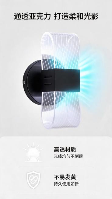 [第4屏] 核心材质解析，亚克力灯罩工艺展示。
[氛围/风格] 专业技术解析风格，干净通透，突出材质特性。
[元素布局] 页面上半部分展示亚克力灯罩透光特写，下半部分分两点说明材质优势；本屏使用【图1预览效果