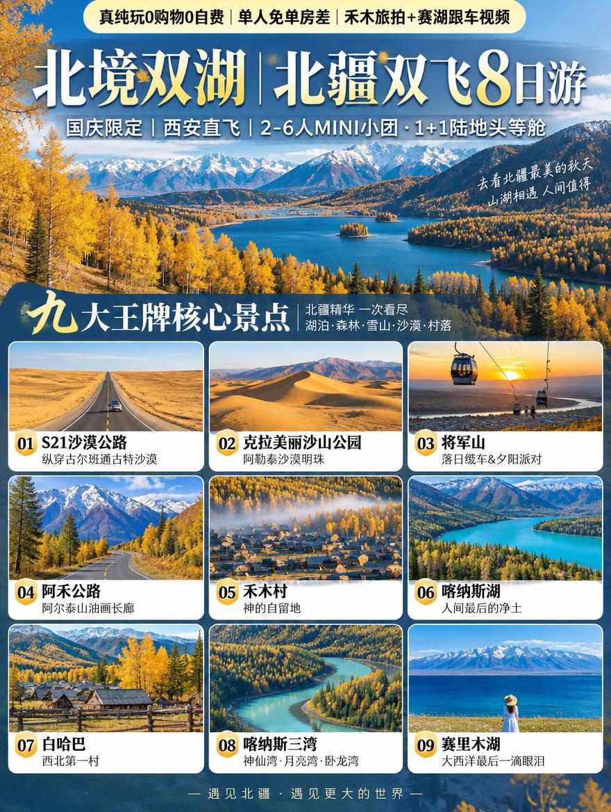 3:4竖版小红书文旅海报，北境双湖北疆双飞8日游，北疆金秋湖泊… - 图片创意预览