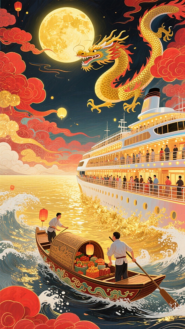 整体红金色调，热闹氛围。画面含金黄圆月，一只唐代小船（船身绘云纹，满载节日物资，唐代船工挥汗）和一艘现代豪华邮轮（甲板有中秋赏月人群、邮轮灯光璀璨），一道洒金的浪花阻隔在中间，背景是同一片金色的海，水面波光映照着月光与邮轮霓虹，祥龙飞过天际。整体画面充斥着华丽的金色和喜庆的红色，奇幻色彩和光影变化，具有丰富的层次感和立体感，体现繁荣昌盛喜庆氛围，梦幻的大透视