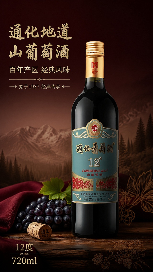 [第1屏] 详情页头图-通化葡萄酒12°山葡萄酒新品宣传头图。本屏使用【图1】作为商品主体。
[氛围/风格] 经典复古氛围风，高级感酒水商业摄影，温润酒红暗调质感。
[元素布局] 通化葡萄酒瓶身置于画面中下偏右位置，占比约70%；左上预留主标题区域，瓶身左下方点缀新鲜山葡萄串和木质酒塞，背景虚化长白山山林浅影，瓶身轮廓、颜色、标签文字与输入产品图完全一致。
[光影质感] 左侧柔光打亮瓶身，右侧自然投影，瓶身玻璃保留高光反光，整体明暗层次自然通透。
[配色色系] 全局底色 #2c0f13；主色深红棕；辅助色浅褐木纹、金色暗纹。
[视角构图] 正面微仰视角度，产品为绝对视觉中心，阅读动线左上标题 → 中部产品 → 底部点缀。
[文字版式] 版式为左上标题 + 中部产品 + 右下浅纹装饰。主标题「通化地道山葡萄酒」，副标题「百年产区 经典风味」，采用温润书法感标题字体，金色字色左对齐；标题下小字装饰「始于1937 经典传承」；底部信息区标注「12度 720ml」，文字不遮挡瓶身主体。
[比例分辨率] 宽度1080px，高度1920px，9:16竖版比例，4K分辨率，文字清晰可辨，高清画质。
[负向提示词] 瓶身变形，文字错乱，缺件错件，颜色偏差，包装文字模糊，水印，背景杂乱，产品结构错误