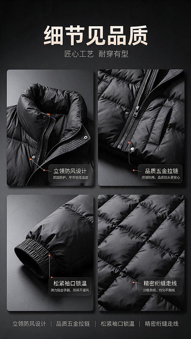 [商品] 使用【图1】黑色立领短款面包羽绒服；商品处理：保留立领、按扣门襟、拉链、插袋、松紧袖口、方格绗缝结构和纯黑色面料；自然去除衣身杂乱褶皱与压痕，理顺垂坠，增强面料纹理、缝线、拉链和五金质感，提升蓬松饱满度，不改变版型和结构。
[画面] 目标：细节工艺展示页，多局部特写组合。构图：2×2宫格布局，4个细节特写分别为：立领按扣门襟、拉链与口袋、松紧袖口、绗缝走线。背景为深灰色哑光台面，每个细节图有轻微投影。画面顶部留白放标题。
[视觉] 套系策略：风格=高级都市商务商业摄影；标题字=现代无衬线粗体；正文字=简洁无衬线体；主色=炭黑深灰；背景延展=基于炭黑做深浅渐变、同色层级和细腻哑光质感；强调色=暖橙色，仅用于小面积图标、引线和标签；标题色=米白色；正文色=浅灰色；组件=细线引线、圆角深色信息卡；光影=局部特写柔光，突出材质与工艺质感。
[文字] 顶部主标题"细节见品质"，副标题"匠心工艺 耐穿有型"。4个宫格下方分别标注：立领防风设计 | 品质五金拉链 | 松紧袖口锁温 | 精密绗缝走线。文字均为横排，字号适中手机端可读。
[规格] 图片比例9:16竖版，分辨率2K，避免变形、错字、文字过小、颜色改变、版型失真、白底孤立、极限词。
