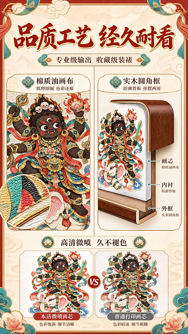 [商品] 使用【图1】Q版黑财神骑白象国潮装饰画；保留完整造型与颜色；商品处理：左侧展示画芯局部材质纹理，右侧展示装裱工艺截面，画芯内容与原图一致。
[画面] 页面目标：材质工艺说明，建立品质信任；构图：左右分栏，左侧为画芯材质微距展示——棉质油画布纹理与色彩饱和度；右侧为装裱工艺三层结构展示——画芯+内衬+实木框截面；底部为色彩还原度对比示意；整体信息丰富但层次清晰。
[视觉] 套系策略：风格=国潮新中式商业插画海报风；标题字=国潮书法粗体带描金；正文字=圆润宋体；主色=朱砂红+鎏金+石青；背景延展=基于米白宣纸色做浅云纹底纹和细腻纸张质感；强调色=松石绿，仅用于小面积图标、引线和装饰元素；标题色=朱砂红；正文色=深赭石色；组件=云纹边框、莲花形信息卡、如意纹分隔线；光影=均匀柔光，突出材质纹理与装裱层次。
[文字] 顶部主标题「品质工艺 经久耐看」，副标题「专业级输出 收藏级装裱」；左侧配文「棉质油画布 肌理细腻 色彩还原」；右侧配文「实木圆角框 防潮背板 挂摆两用」；底部标注「高清微喷 久不褪色」；所有文字横排，字号保证手机端清晰可读。
[规格] 图片比例9:16竖版，4K分辨率，负向提示：避免材质失真、工艺示意模糊、文字过小、排版杂乱、塑料感材质。