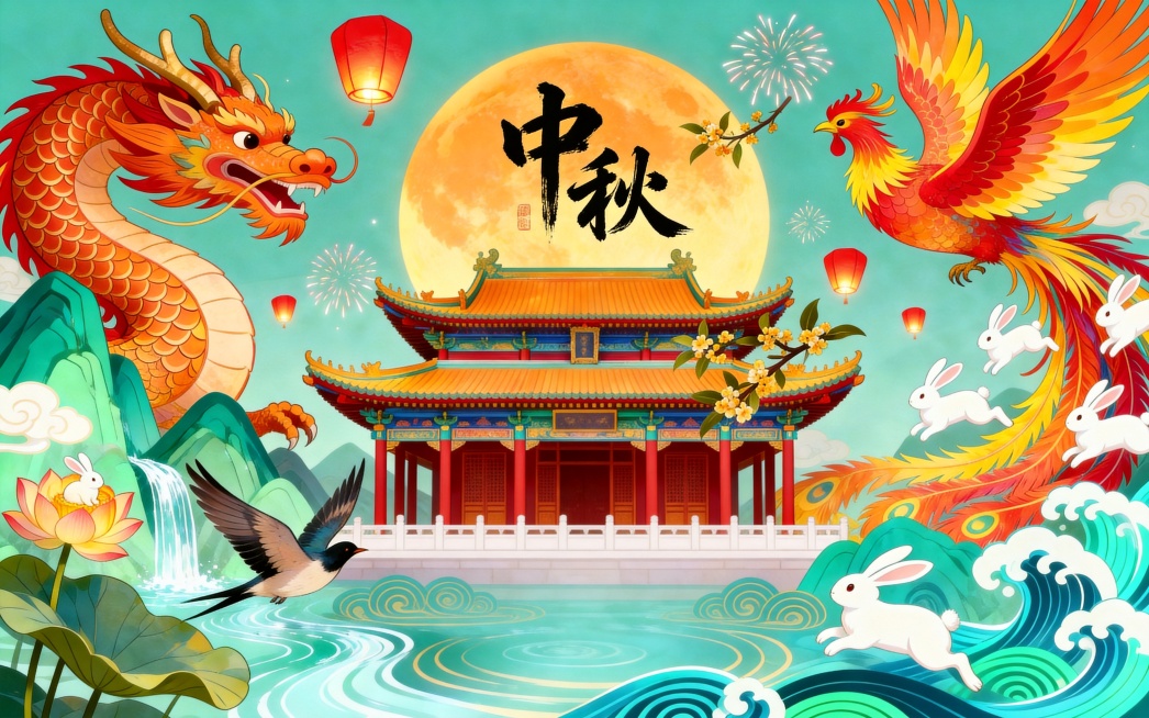国潮风中秋节主题插画，整体氛围喜庆热闹，充满传统东方美学，对称式横向构图。以中间的圆月和亭子为视觉中心，左右分别用龙、凤形成 “龙凤呈祥” 的呼应，营造出平衡又饱满的视觉张力。中心主体：圆月与亭子背景预览效果