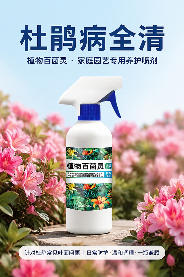 [第1屏] 详情页首屏形象KV，杜鹃病全清植物百菌灵家庭园艺专用养护喷剂产品宣传图。本屏使用【图5】作为商品主体。
[氛围/风格] 干净大气，商业摄影质感，温馨自然园艺氛围。
[元素布局] 产品瓶身居中放置，占比约60%，背景为健康盛开的粉色杜鹃花丛，顶部预留大标题区域，底部预留小字辅助文案区域，瓶身物理结构、颜色、包装文字与输入产品图保持一致。
[光影质感] 柔和自然散射光，产品主体清晰明亮，背景虚化突出产品，整体光影层次均匀。
[配色色系] 延续深蓝+森系绿+白色配色体系，全局浅蓝渐变底色，主色深蓝色标题，辅助色森系绿色背景，白色卡片。
[视角构图] 正面平视视角，产品为绝对视觉中心，阅读动线从上到下。
[文字版式] 顶部大标题「杜鹃病全清」深蓝色加粗，副标题「植物百菌灵・家庭园艺专用养护喷剂」深蓝色小字，底部辅助文案「针对杜鹃常见叶面问题 | 日常防护・温和调理・一瓶兼顾」，文字居中排列，不遮挡产品主体，字体清晰可读。
[比例分辨率] 2:3竖版比例，4K分辨率，文字清晰可辨，高清画质。
[负向提示词] 产品变形，缺件错件，颜色偏差，包装文字错乱，水印，文字过小，文字错乱，背景杂乱
