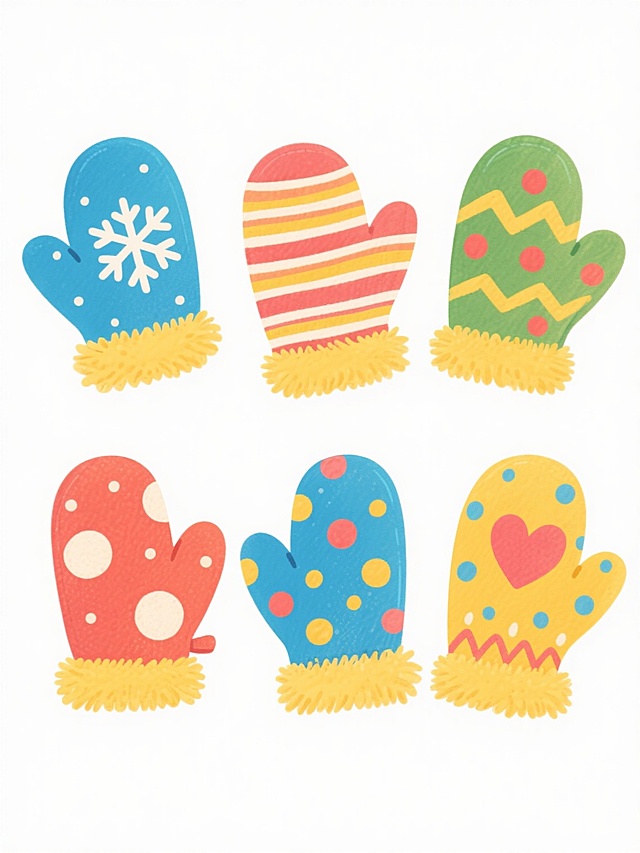 六个不同款式、不同类型、不同样式的手套，采用卡通手绘风格，色彩鲜艳明快，具有手绘水彩质感和细腻笔触，每个手套都有独特的图案装饰，如雪花、条纹、波点、爱心等，手套主体颜色丰富多样，边缘有黄色毛绒装饰，整体排列整齐对称，置于纯白色背景上，营造出温馨可爱的氛围，视觉层次清晰，信息传达简洁明了。