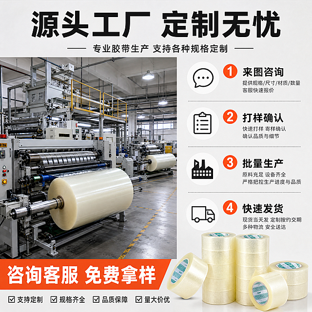 [主图-5] 主题：工厂实力 定制流程。唯一任务：展示源头工厂的实力和定制服务流程，打消B端客户对交期、起订量、配合度的顾虑，促进询盘。
[统一基调] 1688 B端源头工厂风，工业感、专业靠谱、简洁大气。背景主色为浅灰+工厂元素；标题字色为深灰近黑，强调色为工业橙红；辅助字色为深灰；字体为粗黑体，字号层级分明。
[画面] 画面左侧为工厂车间或生产线的实拍感场景（胶带生产设备、分条机、大卷母卷等），体现生产实力；右侧为定制流程四步图标式展示：1.来图咨询 2.打样确认 3.批量生产 4.快速发货。画面底部或角落放几卷成品胶带点缀。整体画面信息丰富但不杂乱，工厂场景占约50%。
[光影质感] 真实工厂环境光感，设备和车间有工业质感，灯光偏冷白，成品胶带部分有清晰产品光影，整体融合自然。
[配色] 背景工厂冷灰色调，设备金属银灰色，标题深灰黑色，流程数字用橙红色圆圈白字，辅助文字深灰色，整体专业有实力感。
[文字版式] 顶部大标题"源头工厂 定制无忧"粗黑大字；副标题"专业胶带生产 支持各种规格定制"；右侧四步流程竖向排列，每步有图标+标题+简短说明；底部橙红色横幅白字"咨询客服 免费拿样"。文字清晰，层级分明。
[输出要求] 1:1正方形，2048x2048，文字清晰锐利，工厂场景真实自然，无错字，无水印，无平台Logo，无杂乱元素，不出现人物面部。