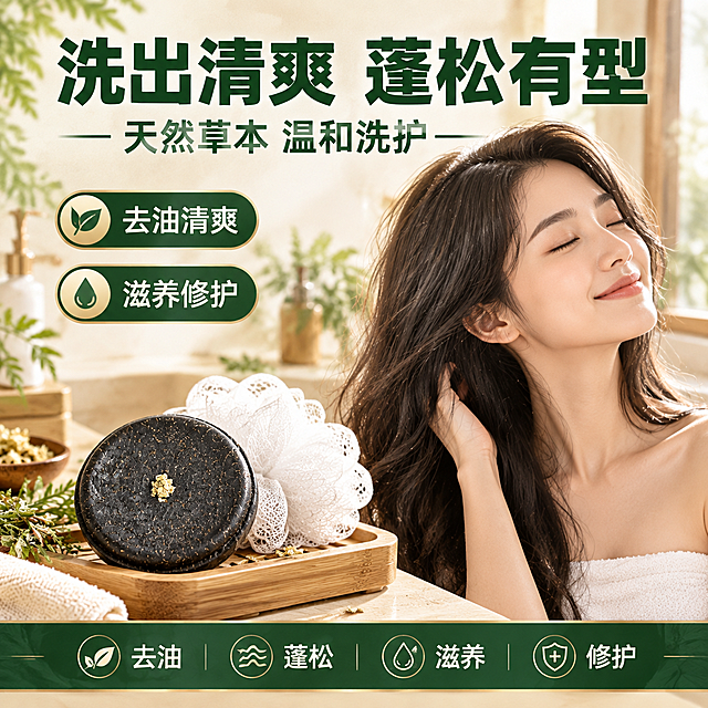[主图-6] 真人使用效果图，展示洗发后清爽蓬松的真实状态并承接去油蓬松卖点。
[统一基调] 风格=新中式天然草本爆款促销；标题字=粗黑体无衬线；正文字=同一无衬线体；主色=米白；背景延展=米白与浅木色纸感；强调色=深绿通栏与标签、暖金黄点缀；标题色=深墨绿；正文色=暖灰黑；组件=深绿通栏、圆角标签、细木纹边；光影=明亮自然光暖调；所有文字一律横排。
[画面] 使用【图1 https://gdesign-dam-hz.dancf.com/37921559934654567/1d5c60e0649d47dc8a67a743d8f123ef.png?x-oss-process=image/resize,l_3000,image/crop,w_3000,h_3000,g_center】黑色圆形洗发皂作为前景产品，保留圆饼轮廓、哑光粗糙表面与中心浅黄褐草本碎屑；使用【图2 https://gdesign-dam-hz.dancf.com/37921564270249105/d5e32b7b9c3a4dff8b66719719e47632.png?x-oss-process=image/resize,l_3000,image/crop,w_3000,h_3000,g_center】浴室洗头场景作为人物动作参考；画面右侧为亚洲成年女性（28-35岁）洗后长发自然垂落、发丝蓬松有光泽、状态放松，人物占画面约45%；前景木皂碟上放皂体与起泡网，皂体占约20%；中景人物发丝，后景虚化暖调木质浴室与绿植；产品与人物同页自然融合。
[光影质感] 柔和窗边自然光，发丝有自然高光，泡沫与皂体边缘过渡柔和，木碟有接触阴影，商业摄影质感。
[配色] 米白与浅木色环境为主，深绿用于标题与通栏，暖金用于标签点缀。
[文字版式] 顶部主标题“洗出清爽 蓬松有型”，副标题“天然草本 温和洗护”；右侧两个圆角标签“去油清爽”“滋养修护”；底部深绿通栏“去油 蓬松 滋养 修护”；全部横排、字迹清晰无错字，不遮挡人物与皂体。
[输出要求] 比例1:1正方形，2K，文字清晰无错字，人物与手部自然无畸形；负向提示：变形、错字、竖排或旋转文字、多余手指、水印、平台logo、二维码、AI生成字样、冷蓝背景、产品颜色改变、人物面部扭曲。