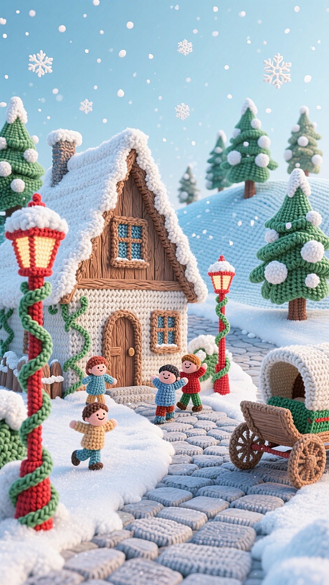 尖顶木屋错落分布，屋顶覆盖着雪，木屋墙面有窗框与木门。屋前铺设着石板小径，有几个小朋友在门口玩耍，小径两侧立着红色街灯，灯杆缠绕着绿色藤蔓。远处是淡蓝色矮坡，坡上错落生长着松树的松枝挂着雪团。天空飘着细小的雪花，街角停着一辆复古马车，勾勒出静谧又梦幻的冬日小镇氛围