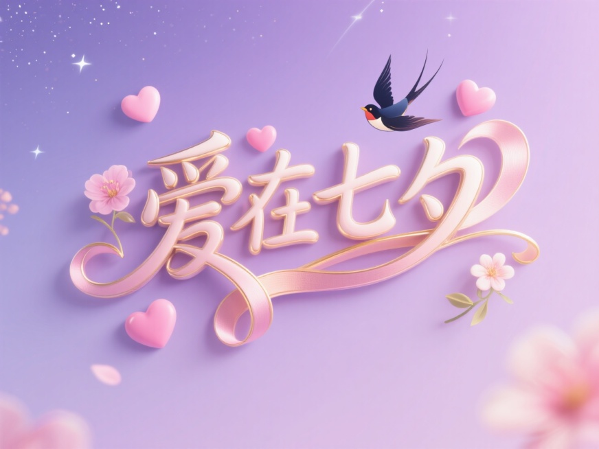“爱在七夕”，3D立体手写体艺术字，字形柔软可爱，轮廓如丝带般缠绕，字体间散发微弱金色光辉，背景为淡紫色渐变星空，点缀粉色爱心、喜鹊、花朵，整体浪漫甜美，带有立体浮雕效果，文字生动突出预览效果