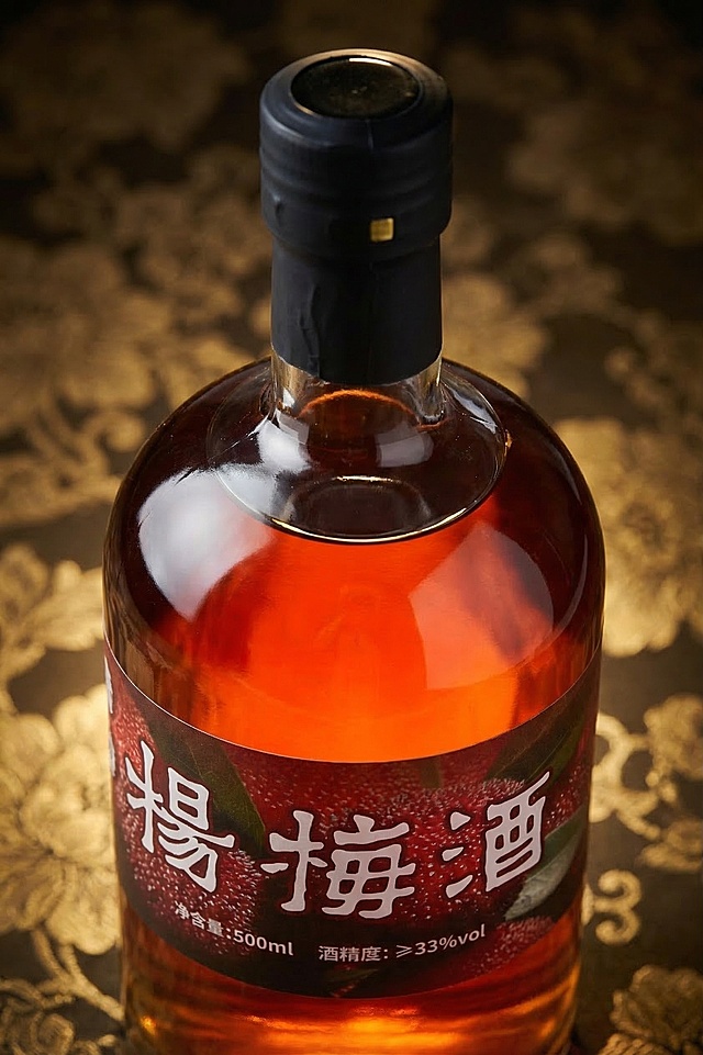 高端杨梅酒白酒瓶身瓶颈特写，保持瓶身标签文字“杨梅酒”和包装设计原样不变，保持瓶身物理结构不扭曲，瓶身酒体红棕色清澈通透。背景是模糊的暗金色中式花纹，暖色调商业摄影，45度俯拍，细腻质感，高清细节，8K，专业产品摄影，布光柔和突出瓶盖光泽，逆光表现玻璃和酒液通透感，浅景深背景虚化，无水印，无额外文字。