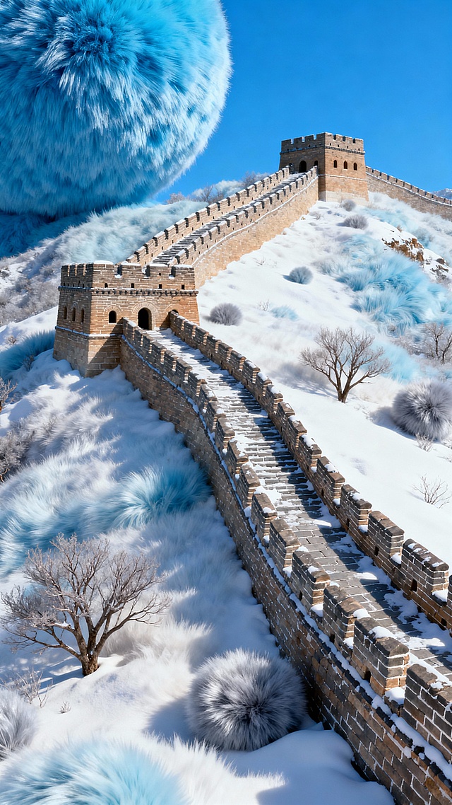 晴空万里的冬季长城俯瞰图，可以看到绵长的长城，鸟瞰视角的全景