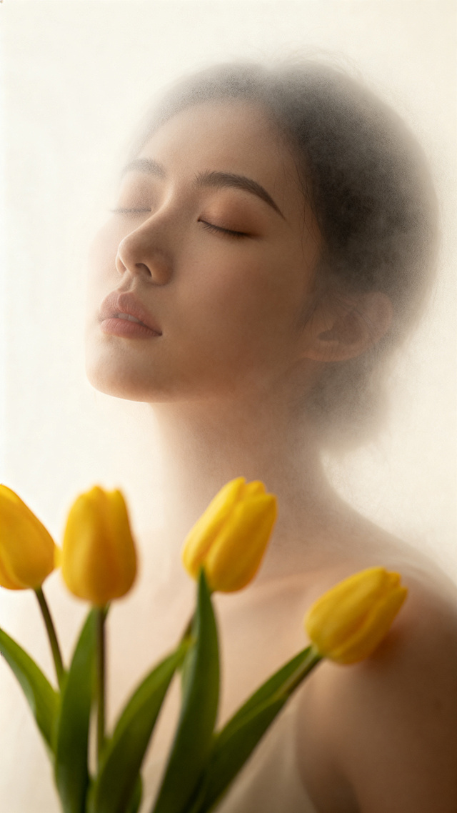 朦胧柔光中，女子闭目静享春意，黄郁金香点缀其间，水彩般清透唯美，光影流转间尽显弥散诗意。