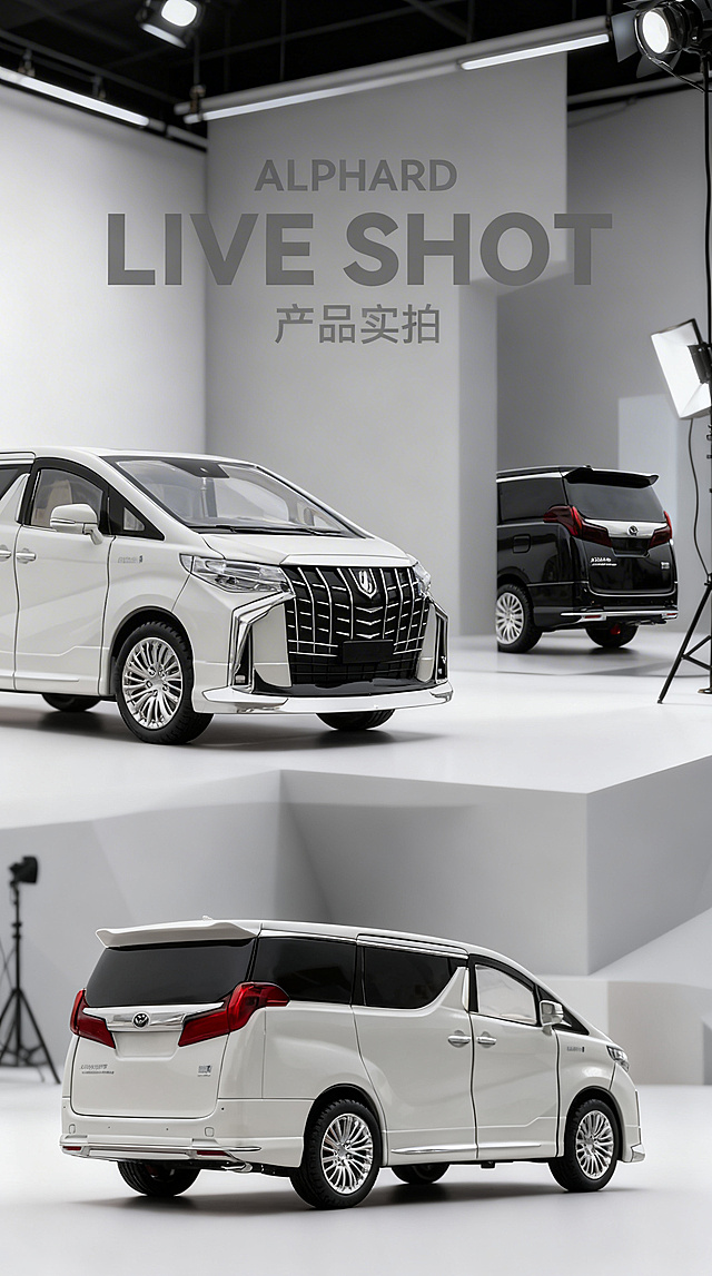 保持原图片文字"ALPHARD LIVE SHOT"和"产品实拍"文字内容不变，保持白色丰田埃尔法汽车模型实拍的构图和布局不变，换成全新的简约现代详情页风格，重新生成图片