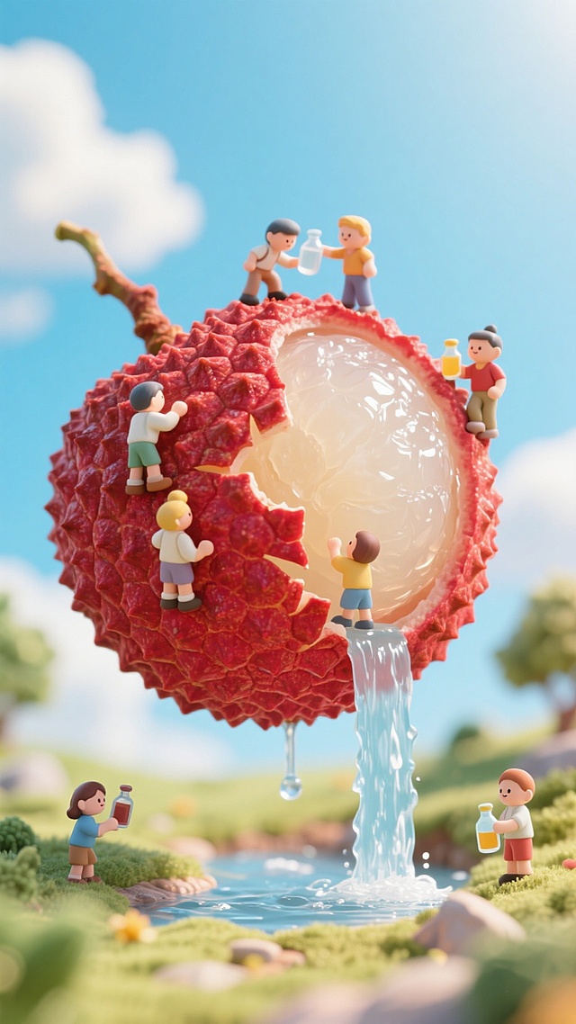 一个巨大无比的荔枝漂浮在空中，它饱满通红，但外壳上有一处巨大的裂口。晶莹剔剔透的果肉从中显露出来，清甜的汁水正缓缓流淌而下，形成一道道迷你的瀑布和小溪。 几个微缩小人正在这个巨大的荔枝上探索，有的小人依然在它完整的红色外壳上攀登，有的小人则聚集在裂口边缘，好奇地俯瞰着下方的汁水溪流，还有的小人正用小瓶子试图接取滴落的甘甜汁水。阳光很好，温暖，温柔温馨，梦幻，童话世界，充满想象力的画面，小清新，明亮，简单，大场景，背景是蓝天白云。