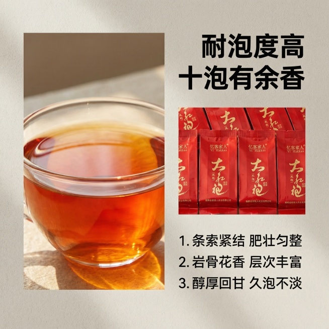 [主图2] 大红袍核心卖点展示，现代简约风格，拼多多平台。画面元素：左侧为橙红透亮的茶汤特写，右侧为整齐排列的大红袍小泡袋，包装与原图完全一致，自然暖光，背景为浅米灰色质感墙面，铺满全屏无边框。配色色预览效果