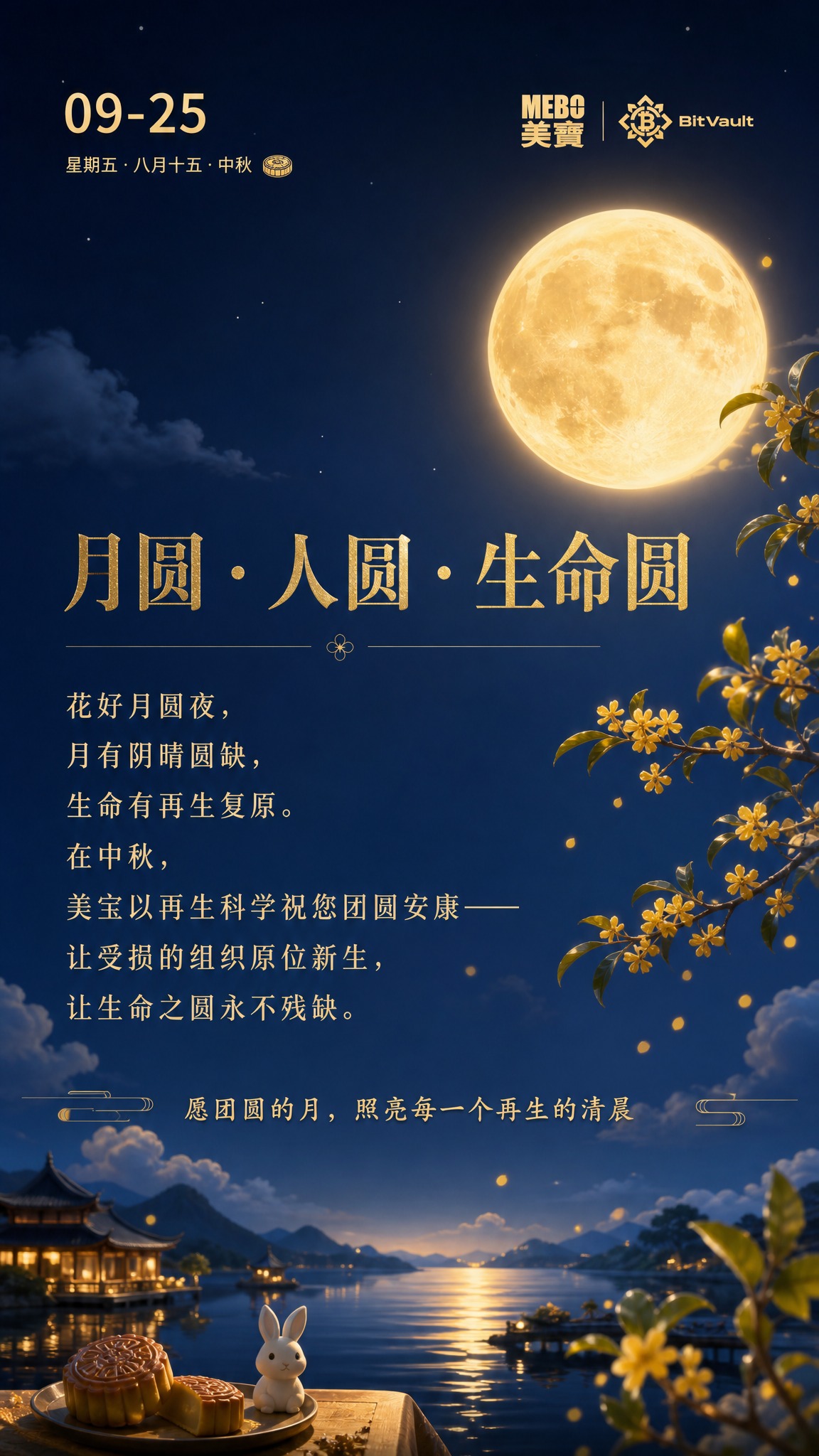 美宝集团早安日签海报，9月25日星期五中秋节。整体风格高级温馨… - 图片创意预览