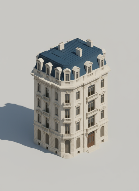 将此建筑的照片转换为圆形、可爱的等距3D渲染风格，保留建筑的突出特征，纯色背景。预览效果