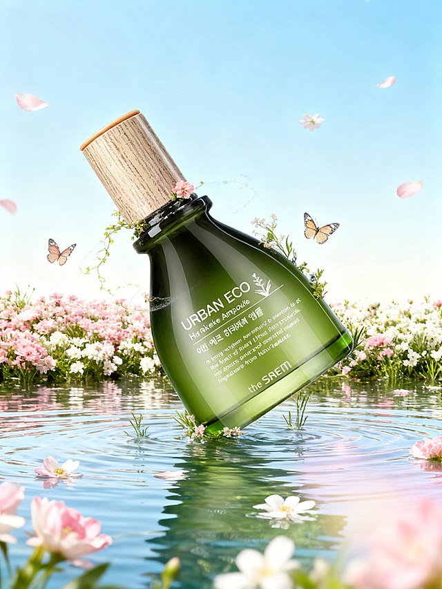 主体倾斜10度悬浮在水上（主体占画面比为30%），自然元素（花朵、藤蔓、小草）装饰主体，2只小蝴蝶环绕。画面结合光晕营造出梦幻、轻盈的氛围感，背景为渐变蓝天，大量粉白花丛、花朵漂浮在水面和空中，整个画面清透明亮，保证溶图效果。