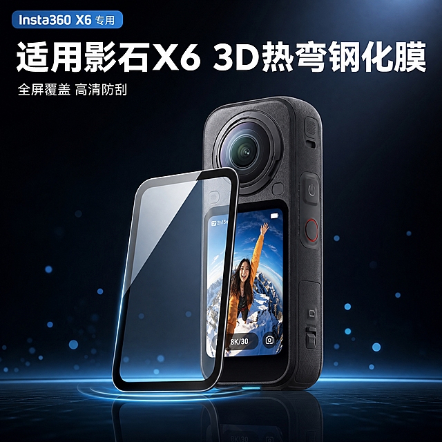 [主图-1] 商品识别首图，影石Insta360 X6运动相机屏幕钢化膜产品主视觉，钢化膜四周带黑色边框，中间透明。全新构图风格。
[统一基调] 天猫高端数码风格，深色科技感，以深蓝黑色为背景主色，白色主标题，青蓝色发光强调色，现代无衬线粗体字，简约大气。
[画面] 画面中央是影石Insta360 X6相机正面45度侧视角，相机屏幕上贴有带黑边的钢化膜，屏幕亮起显示绚丽的4K户外画面。相机前方悬浮一片独立的带黑边钢化膜，呈30度倾斜，黑边清晰，玻璃表面有环境反光，体现高端质感。膜下方有淡淡的蓝色光晕，营造科技氛围。背景为深黑蓝色渐变，有细微的粒子光点漂浮。产品占画面约60%。画面底部有轻微的产品倒影。
[光影质感] 高端商业摄影质感，主光从右上方照射，钢化膜边缘有锐利高光，黑边哑光质感，玻璃通透。相机机身纹理细腻，光影层次丰富，立体感强。
[配色] 深蓝黑背景，白色标题文字，青蓝色发光点缀，钢化膜黑色边框清晰。
[文字版式] 画面顶部居中大标题"适用影石X6 3D热弯钢化膜"，字体粗壮有力。标题下方一行小字"全屏覆盖 高清防刮"。左上角有"Insta360 X6 专用"标签。文字不遮挡产品核心部位。
[输出要求] 1:1正方形，2048x2048，2K分辨率。产品清晰，钢化膜黑边真实，质感高级。负向：变形、错字、模糊、水印、平台Logo、悬浮感过强、钢化膜无边框。