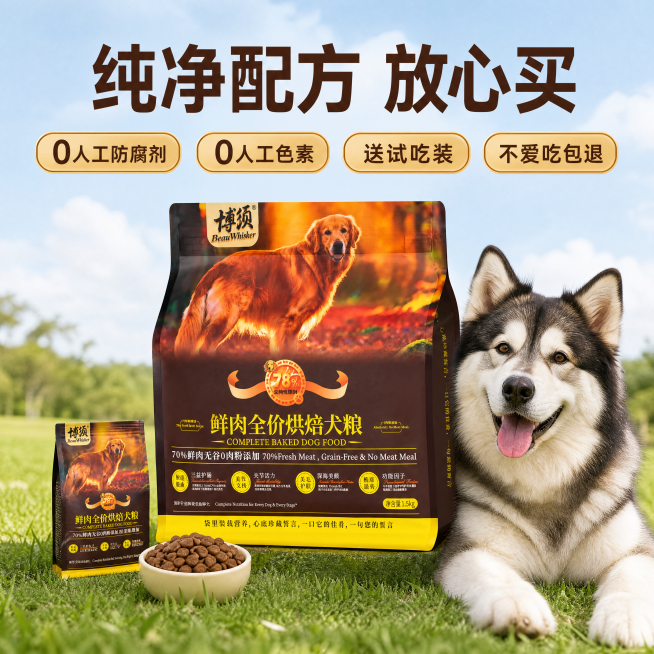 鲜肉全价烘焙犬粮售后承诺主图，清新户外草坪场景，商业摄影质感，光线明亮自然。画面中心上方100%保留用户原版大包装犬粮，所有文字图案产品造型完全不修改，保留所有包装细节无变形色差。下方摆上小份试吃装和预览效果
