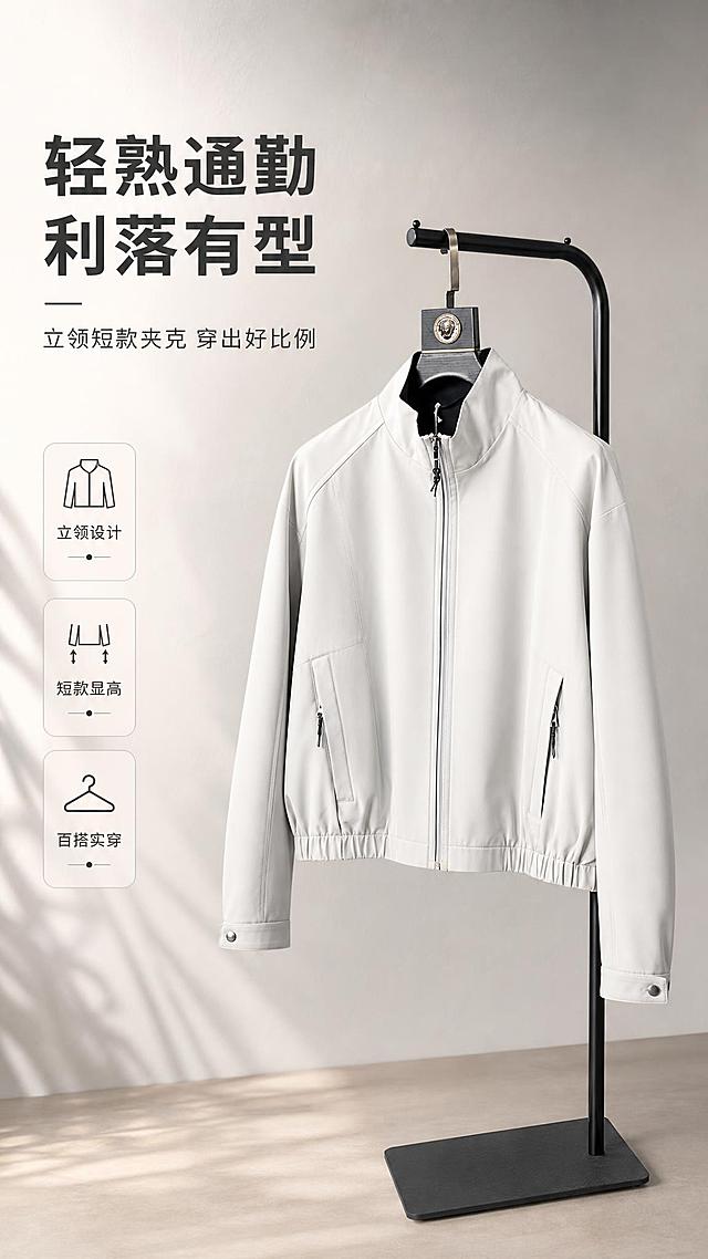 [商品] 使用【图1】米白色立领短款夹克；商品处理：保留立领、中央拉链、插肩袖结构、两侧拉链口袋、松紧下摆、袖口按扣、整体版型和米白颜色；自然去除衣身、袖子和下摆的杂乱褶皱与压痕，理顺垂坠，增强面料纹理、缝线、拉链和五金质感，不改变版型和结构。
[画面] 页面目标：风格头图海报，突出都市通勤气质与立领短款夹克整体造型；构图骨架：左文右图，右侧为夹克主体正面展示，左侧留白放标题文案；主体占画面约60%，产品角度为正面微侧；景别为中全景；前中后景：前景浅米色地面投影，中景夹克挂于简约金属衣架，后景为渐变浅灰米色影棚背景，搭配柔和光影；阅读动线从左上标题到右侧产品。
[视觉] 套系策略：风格=极简高级都市通勤商业摄影；标题字=现代无衬线粗体中文；正文字=简洁无衬线体；主色=米白浅灰；背景延展=基于米白浅灰做深浅层级、同色渐变和细腻纸张/微水泥质感；强调色=深炭灰，仅用于小面积图标、引线和标签；标题色=深炭灰；正文色=中暖灰；组件=圆角浅底信息卡、细线引线；光影=左前侧柔和自然光，右侧轮廓光。
[文字] 左上主标题「轻熟通勤 利落有型」，副标题「立领短款夹克 穿出好比例」，下方3个短卖点：立领设计 / 短款显高 / 百搭实穿；文字横向排版，不遮挡夹克主体、领口和拉链。
[规格] 图片比例9:16竖版，2K分辨率，避免变形、错字、文字过小、冷蓝背景、衣服颜色改变、版型失真、白底孤立单品。