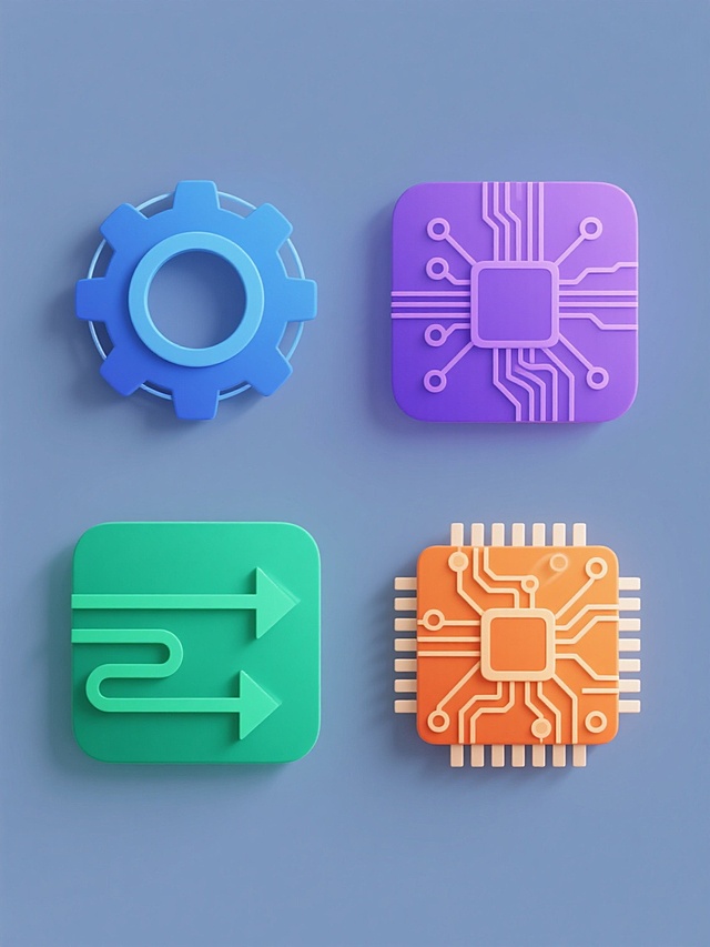 科技风格设计，纯色背景，四个不同科技元素规整排布，每个元素采用原设计的几何线条风格、简洁轮廓和轻微立体阴影效果，元素包括：左侧上方为蓝色齿轮组与圆形轨道，右侧上方为紫色电路板图案与连接线，左侧下方为绿色数据流图形与箭头，右侧下方为橙色芯片结构与电路纹路，整体色彩变换为蓝、紫、绿、橙四色对应各元素，保持视觉层级清晰，信息传达高效，设计感统一