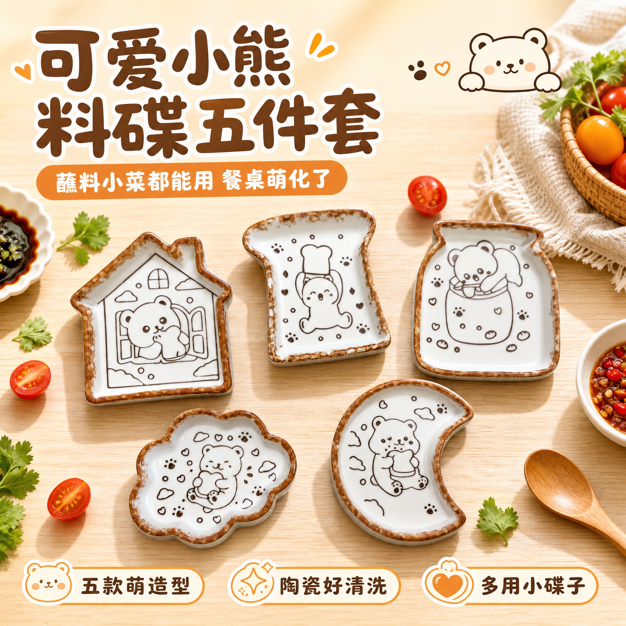 [主图-1] 首图 产品识别与购买欲 可爱小熊陶瓷小料碟五件套… - 图片创意预览