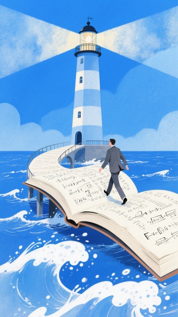 蓝色调，画面视觉中心是一个巨大的灯塔，一位身着西装的人物正沿着由翻开书本变形而成的桥梁朝灯塔方向行走，书页上布满数学公式，海浪预览效果