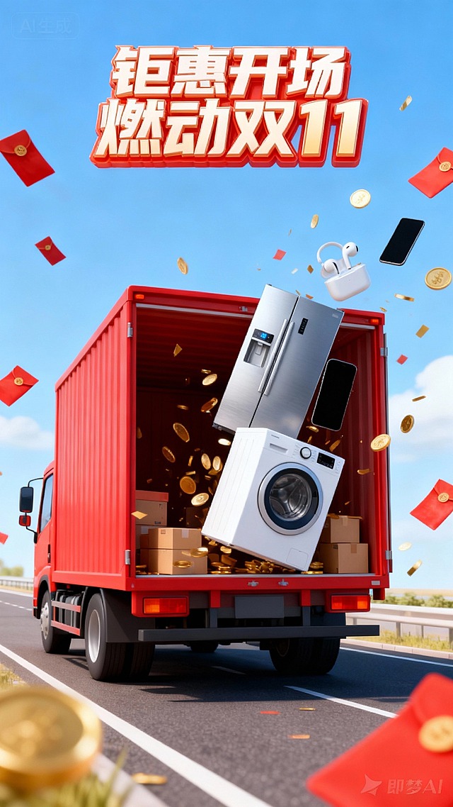 画面核心为红色卡车侧后视角，车厢向后“打开”，大量图示产品从车厢掉落而出，占据主视觉。车厢内有货箱点缀。搭配红包、金币、金色碎片元素。明亮天空加公路背景。顶部立体字“钜惠开场 燃动双11”。
