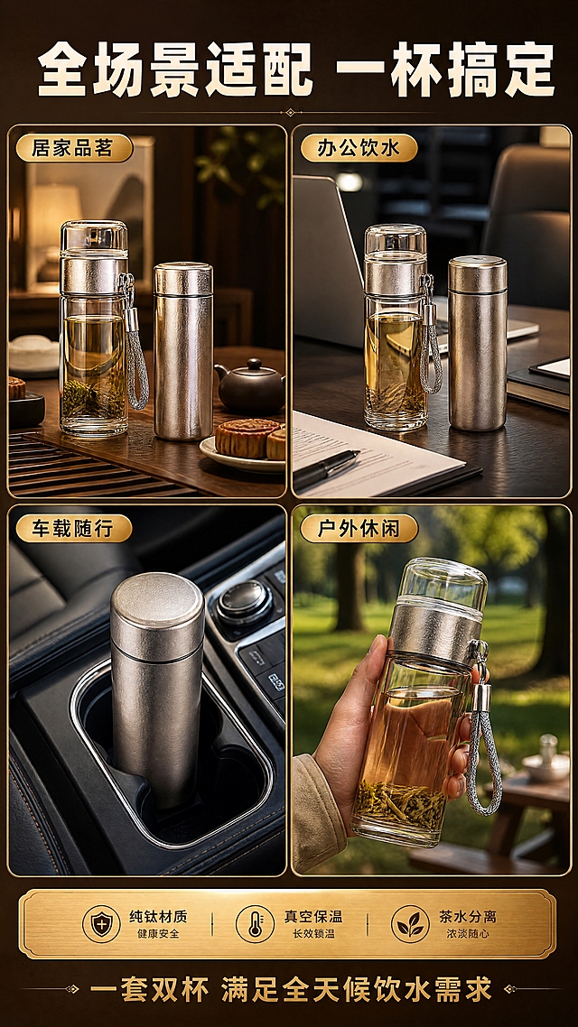 [商品] 使用【图1】纯钛保温杯礼盒套装中的纯钛保温杯与玻璃茶水分离杯；保留两款杯子的结构、颜色、材质和细节；商品处理：增强金属拉丝质感与玻璃通透感，不改变产品结构与颜色。
[画面] 目标为多场景拼贴展示页，2×2四宫格场景拼图；左上格：居家茶几场景，双杯与茶点摆放；右上格：办公桌面场景，保温杯与电脑文件；左下格：车载杯架场景，保温杯放入汽车杯架；右下格：户外休闲场景，手持玻璃杯在公园；每格产品占该格40%；深棕色背景，四格间用金色细线分隔；阅读动线从左上到右下，逐格浏览不同场景。
[视觉] 套系策略：风格=高端商务影棚商业摄影；标题字=粗黑体（思源黑体Heavy）；正文字=常规黑体（思源黑体Regular）；主色=深棕金（深咖啡色+香槟金）；背景延展=基于深棕金做深浅层级、同色渐变和细腻皮革/金属质感；强调色=香槟金，仅用于小面积图标、引线、标签和局部高光；标题色=米白色；正文色=浅金色；组件=金色场景标签、圆角深棕信息卡、细金线分隔；光影=每格独立场景光，整体暖调统一。
[文字] 顶部主标题「全场景适配 一杯搞定」；四宫格每格配金色场景标签：「居家品茗」「办公饮水」「车载随行」「户外休闲」；底部金色信息条写「一套双杯 满足全天候饮水需求」；所有文字横排，不遮挡产品主体。
[规格] 图片比例9:16竖版，4K分辨率，medium质量；避免变形、错字、文字过小、冷蓝/冷灰背景、产品颜色改变、结构失真、出现平台Logo/水印/二维码。