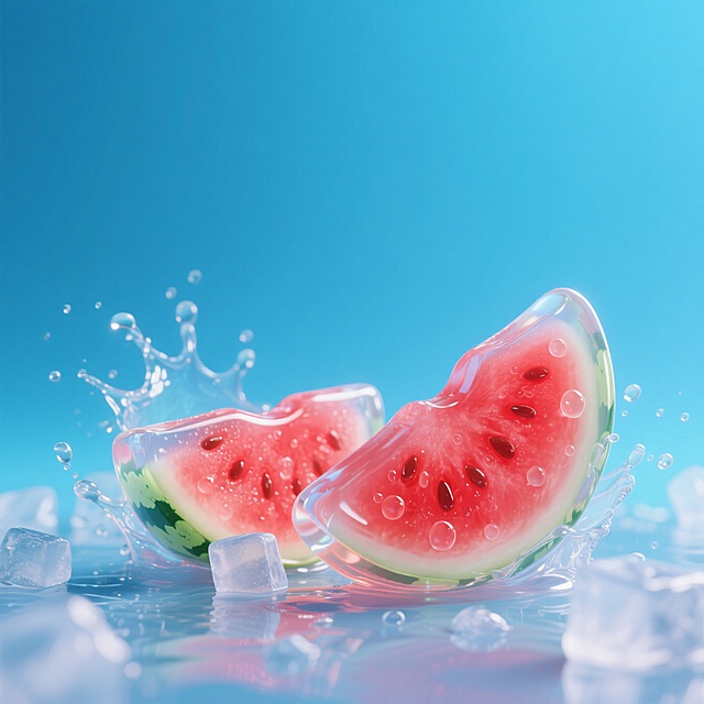 3D轻拟物风西瓜，液态效果与冰块碰撞，清新爽口，夏日清凉感十足。