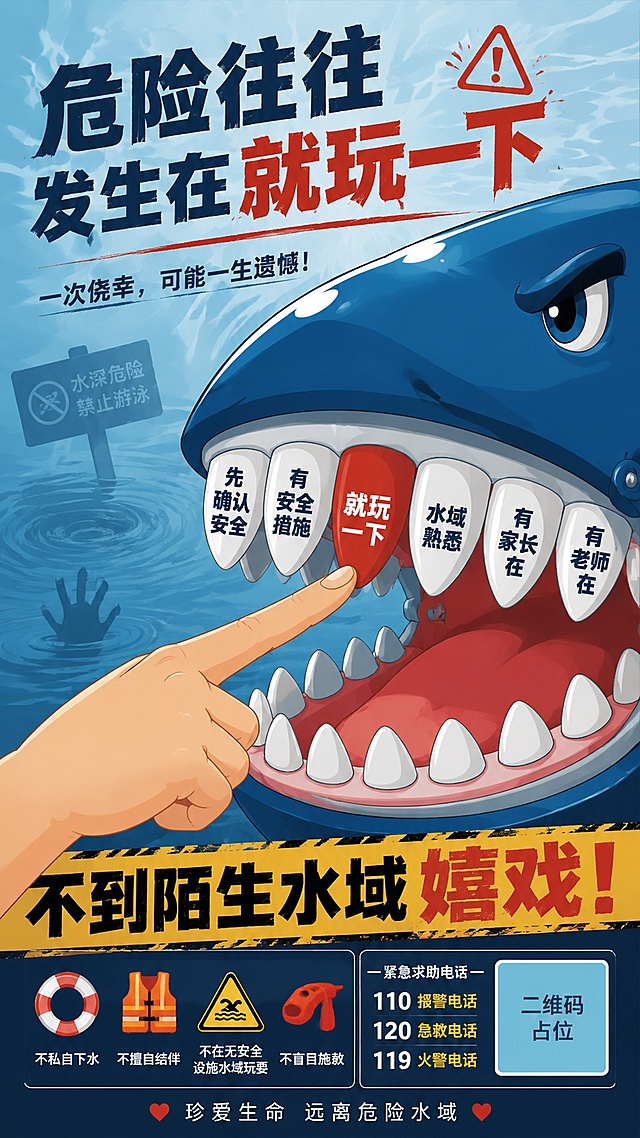 以卡通鲨鱼和手指警示画面，强调不到陌生水域嬉戏，包含安全提示与紧急电话，适合校园及社区安全教育宣传