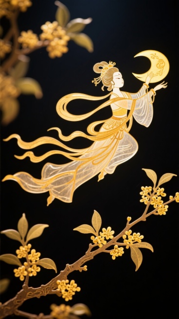 嫦娥携奔月之姿，翩跹悬浮、御风飞掠于墨色夜空，整体风格大胆夸张，构图新颖别致，将其飘逸灵动的气韵渲染得淋漓尽致；缀满金蕊的桂花树枝斜逸于前景，既添了几分清雅秋意，更暗合月宫神话的悠远意蕴。预览效果