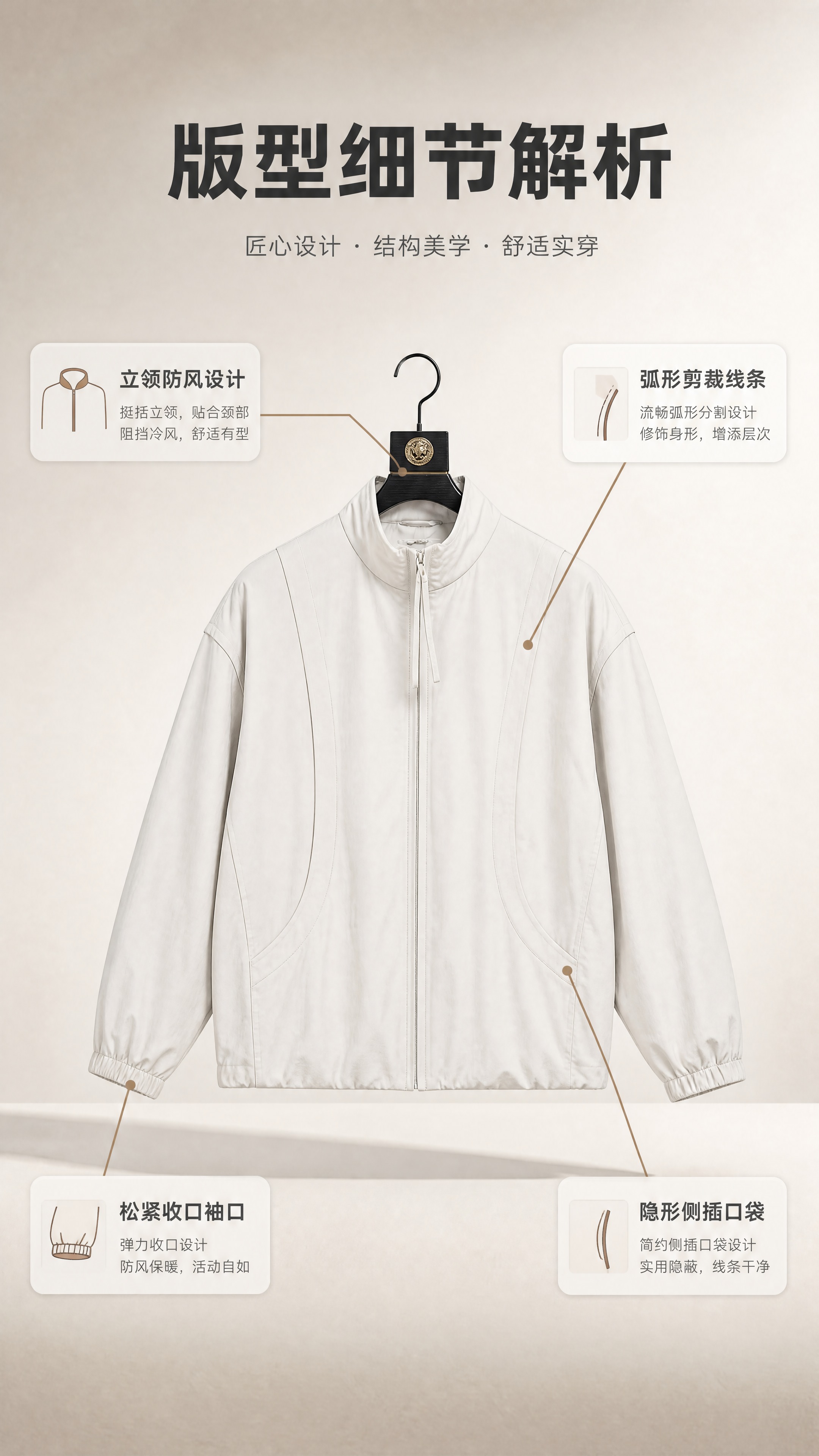 [商品] 使用【图1】米白色立领廓形休闲夹克；商品处理：保留立… - 图片创意预览